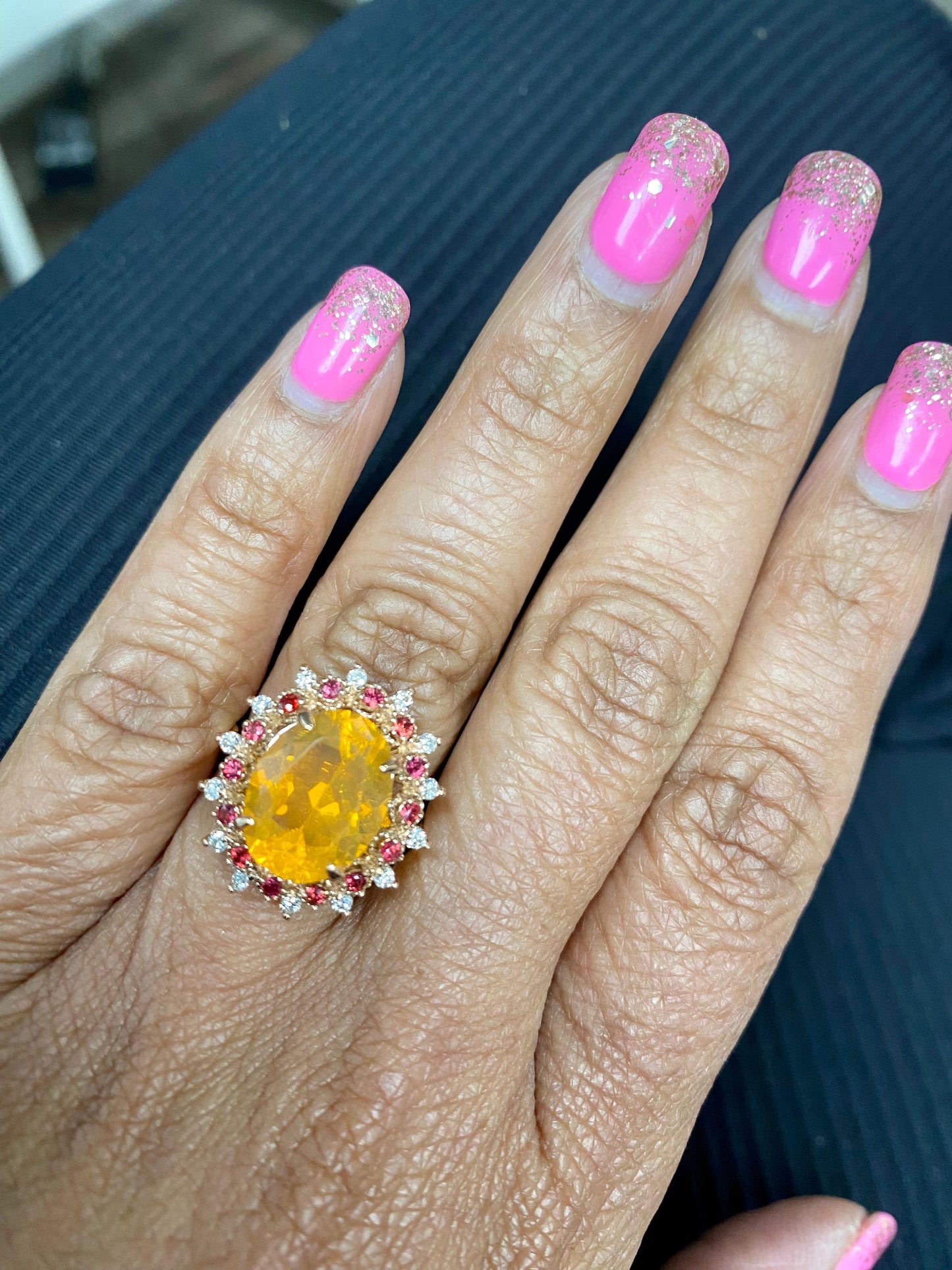 3.83 Carat Oval Cut Fire Opal Sapphire Diamond Yellow Gold Cocktail Ring