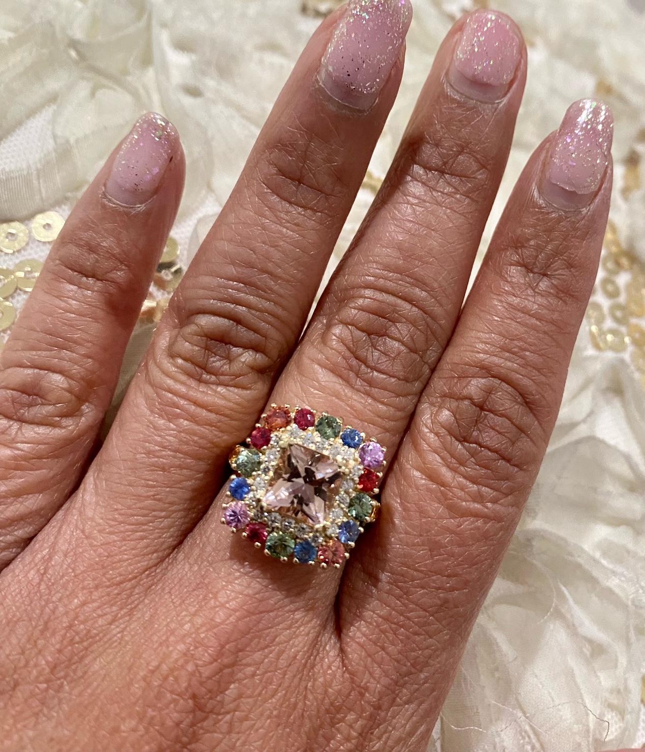 4.05 Carat Morganite Sapphire Diamond Yellow Gold Cocktail Ring