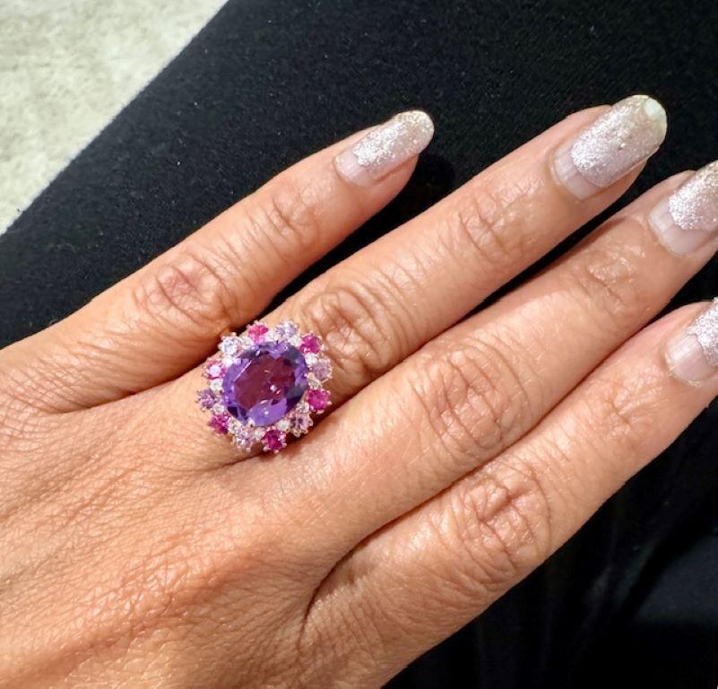4.09 Carat Amethyst Pink Sapphire Diamond Rose Gold Cocktail Ring