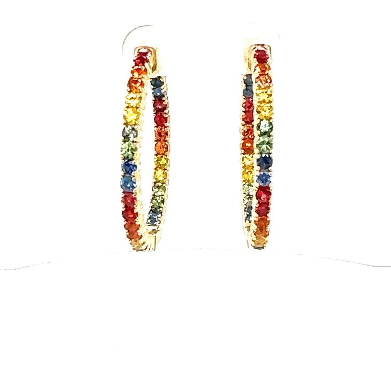4.12 Carat Rainbow Sapphire Yellow Gold Hoop Earrings