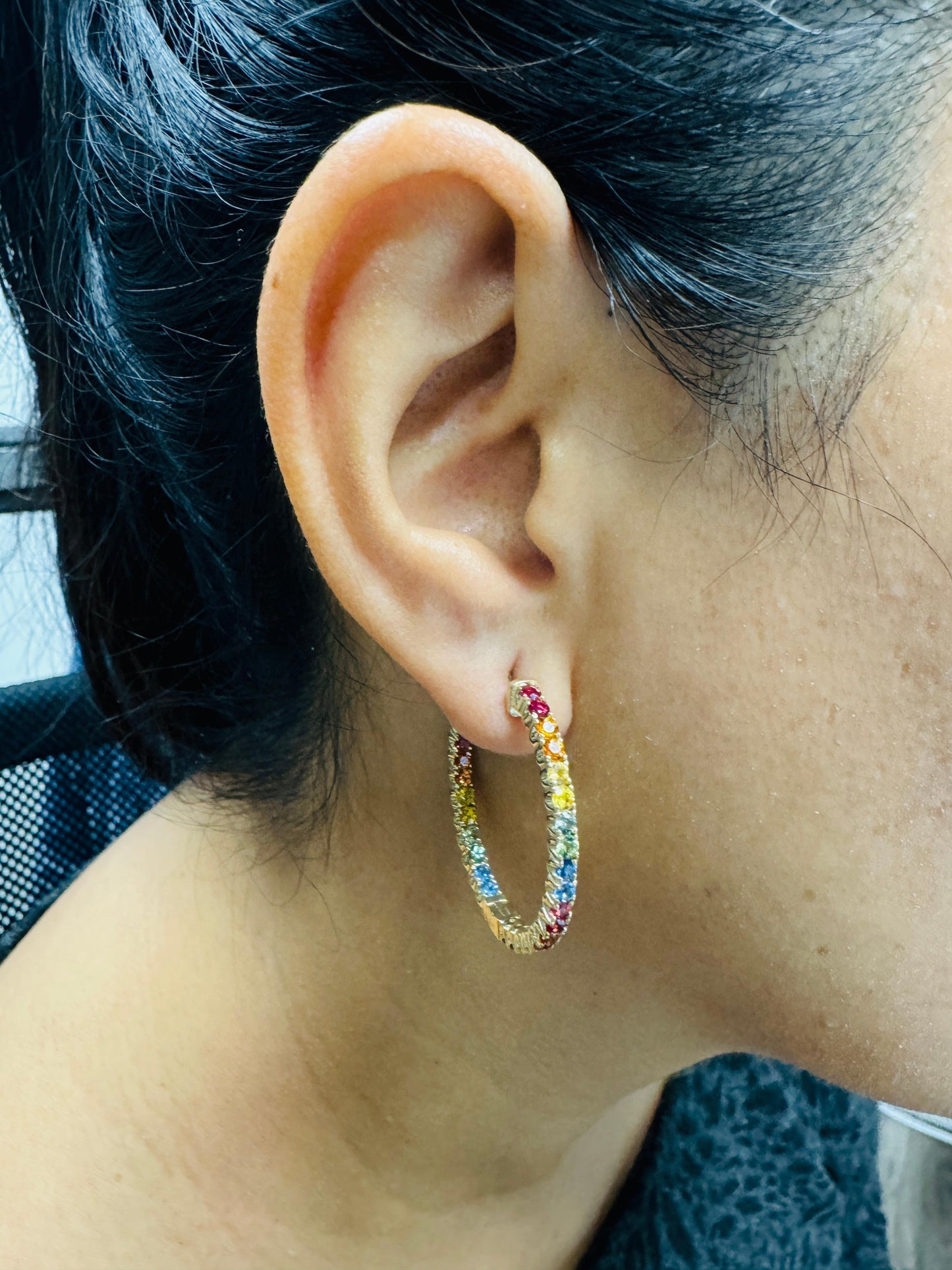 4.12 Carat Rainbow Sapphire Yellow Gold Hoop Earrings