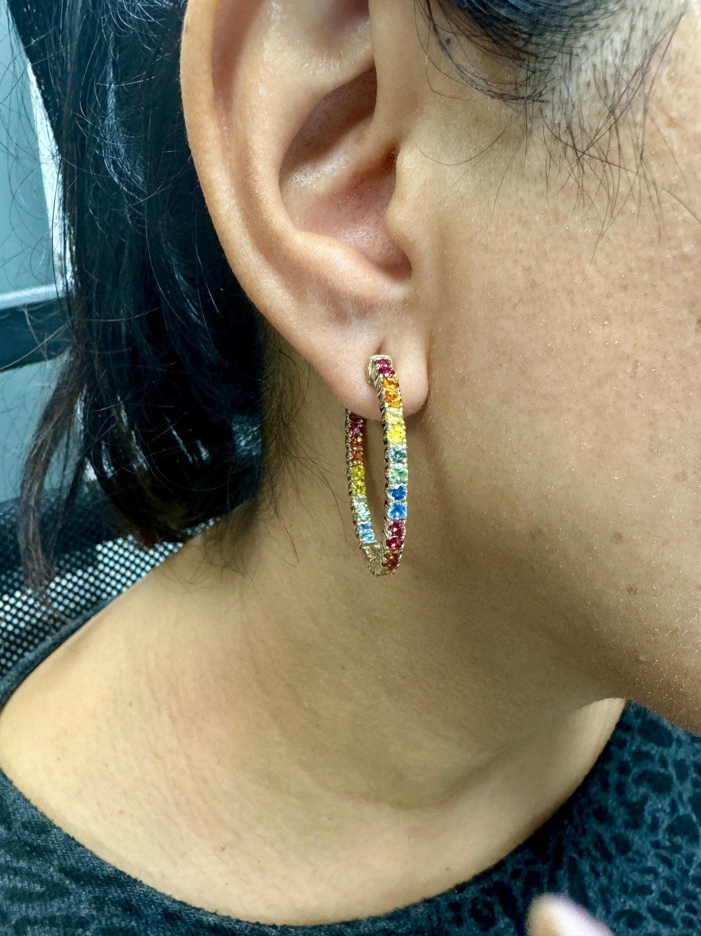 4.12 Carat Rainbow Sapphire Yellow Gold Hoop Earrings