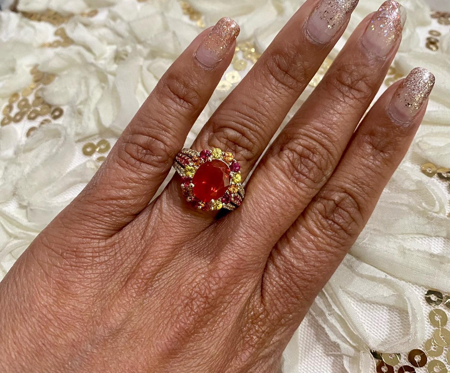 4.29 Carat Oval Cut Fire Opal Sapphire Diamond Yellow Gold Cocktail Ring