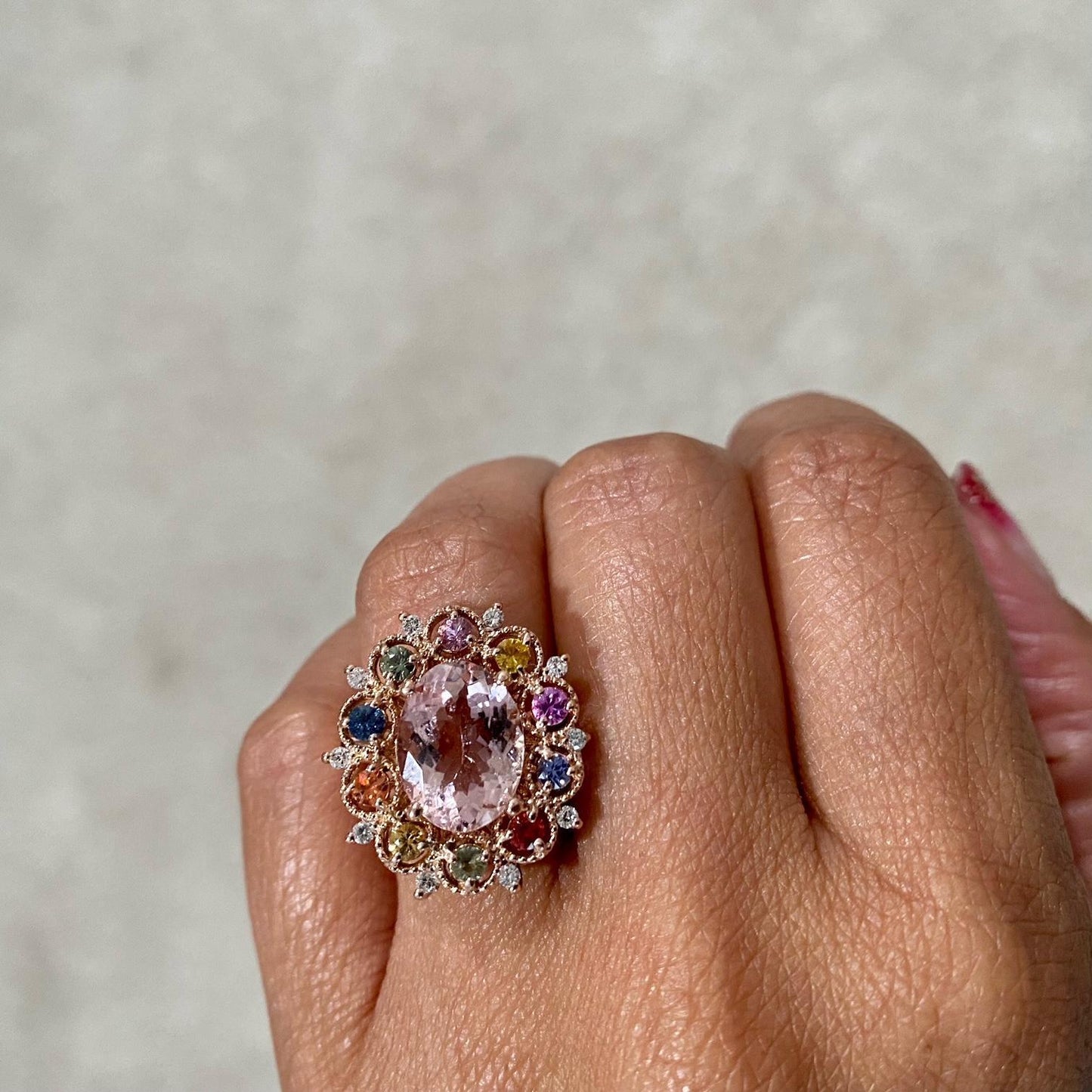 4.37 Carat Morganite Diamond Multicolor Sapphire Rose Gold Cocktail Ring