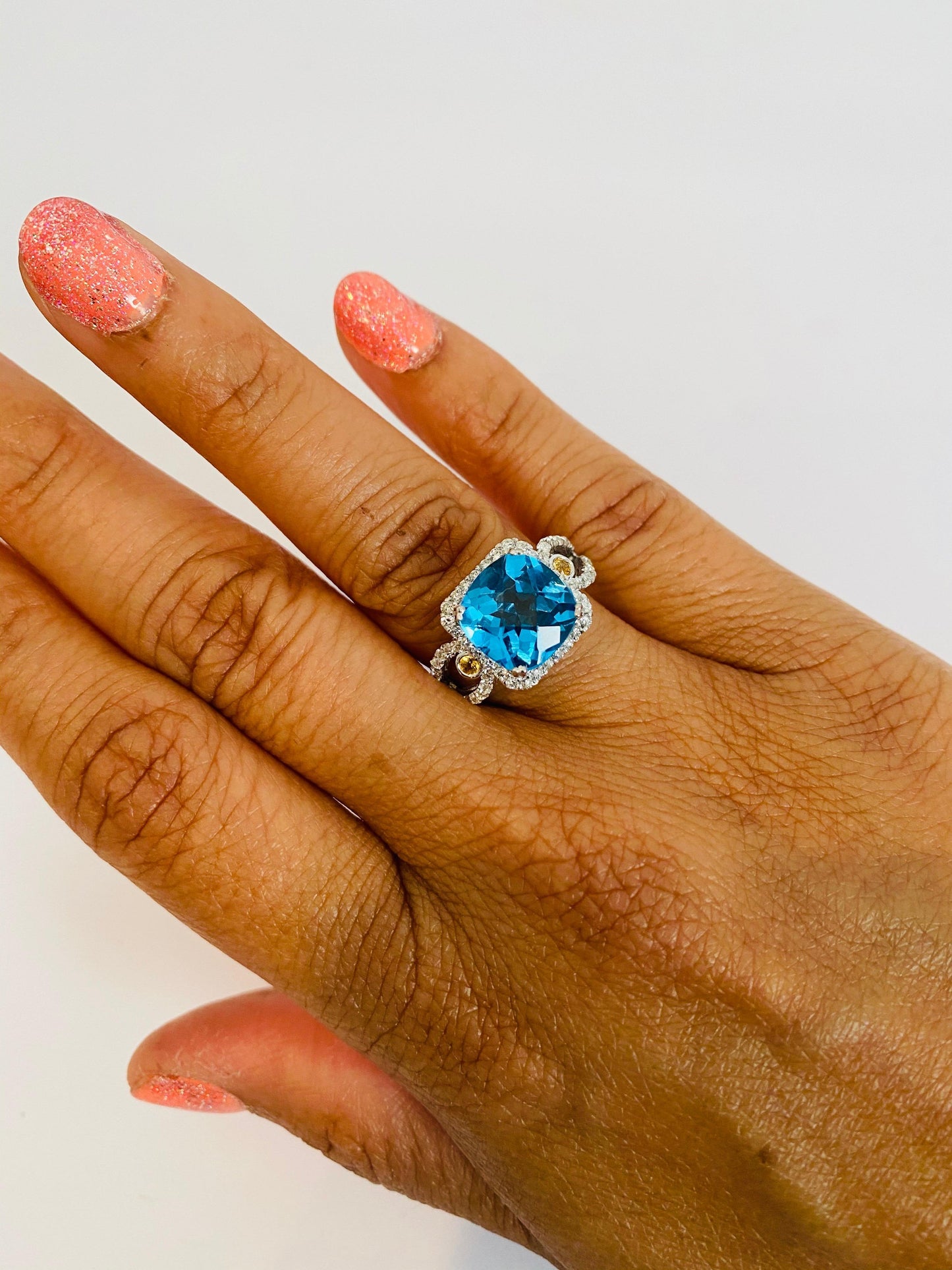 4.61 Carat Blue Topaz Sapphire Diamond White Gold Cocktail Ring