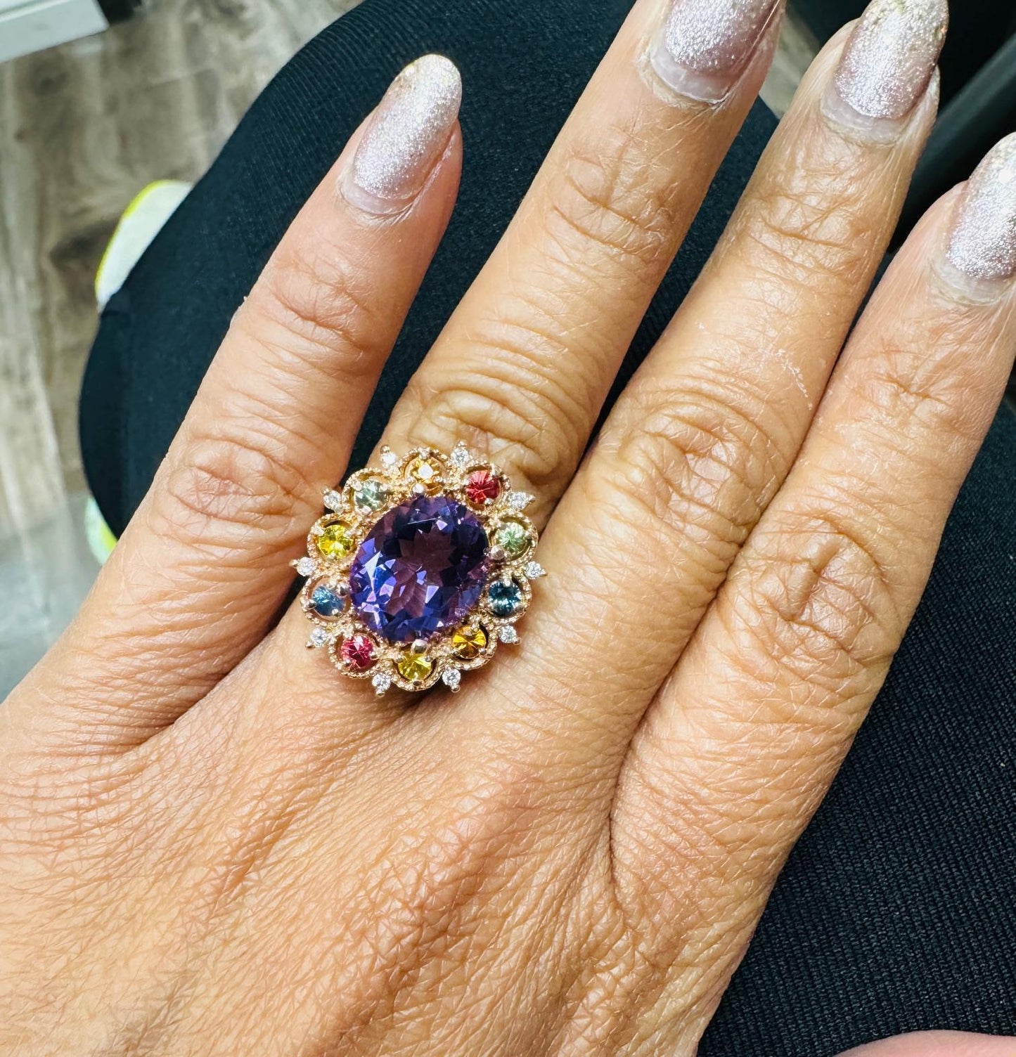 4.98 Carat Oval Cut Amethyst Diamond Sapphire Rose Gold Cocktail Ring