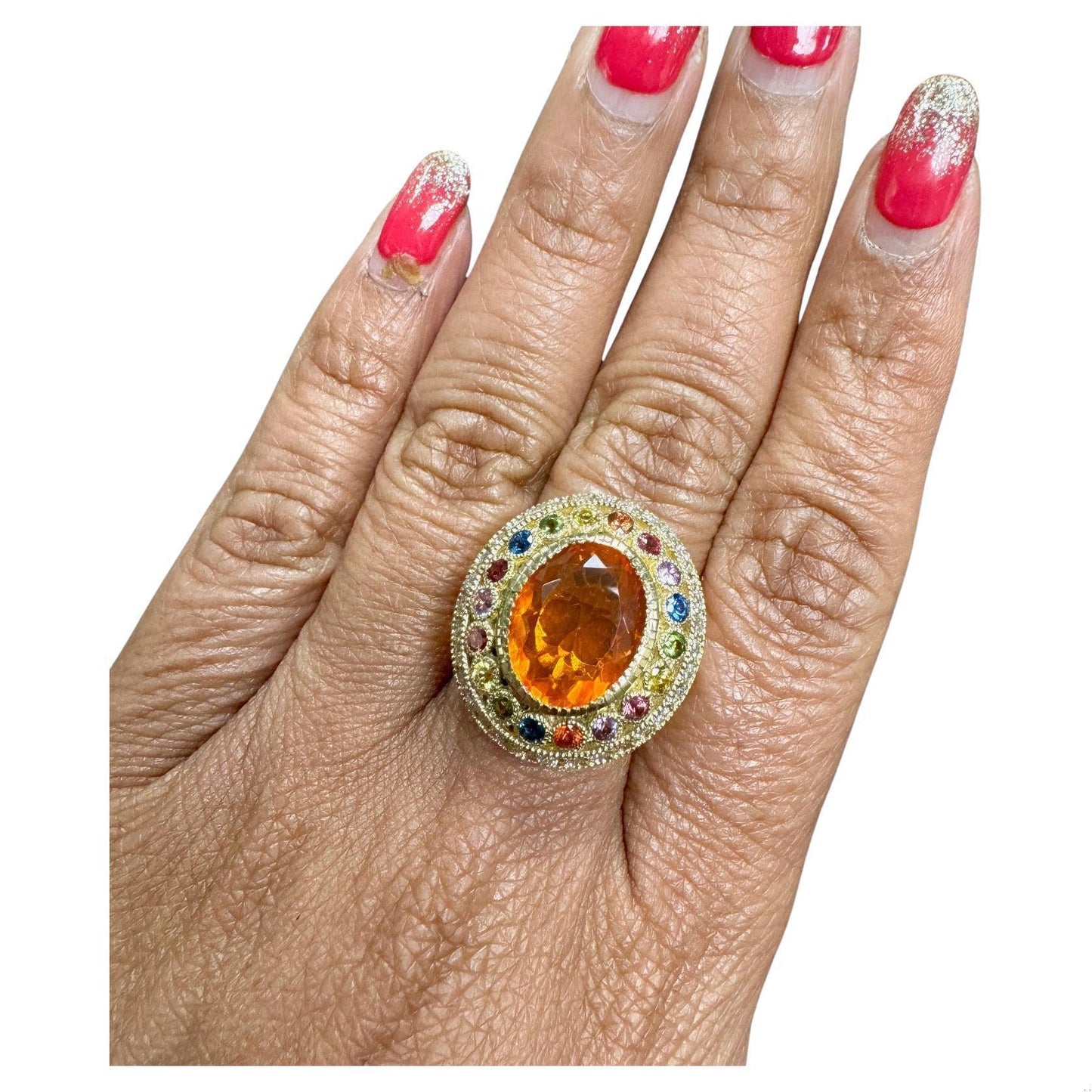 5.14 Carat Natural Fire Opal Sapphire and Diamond Yellow Gold Cocktail Ring