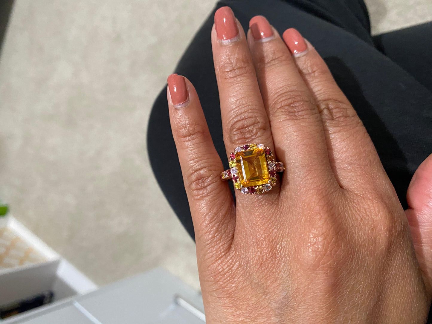 5.29 Carat Emerald Cut Citrine Sapphire Rose Gold Ring