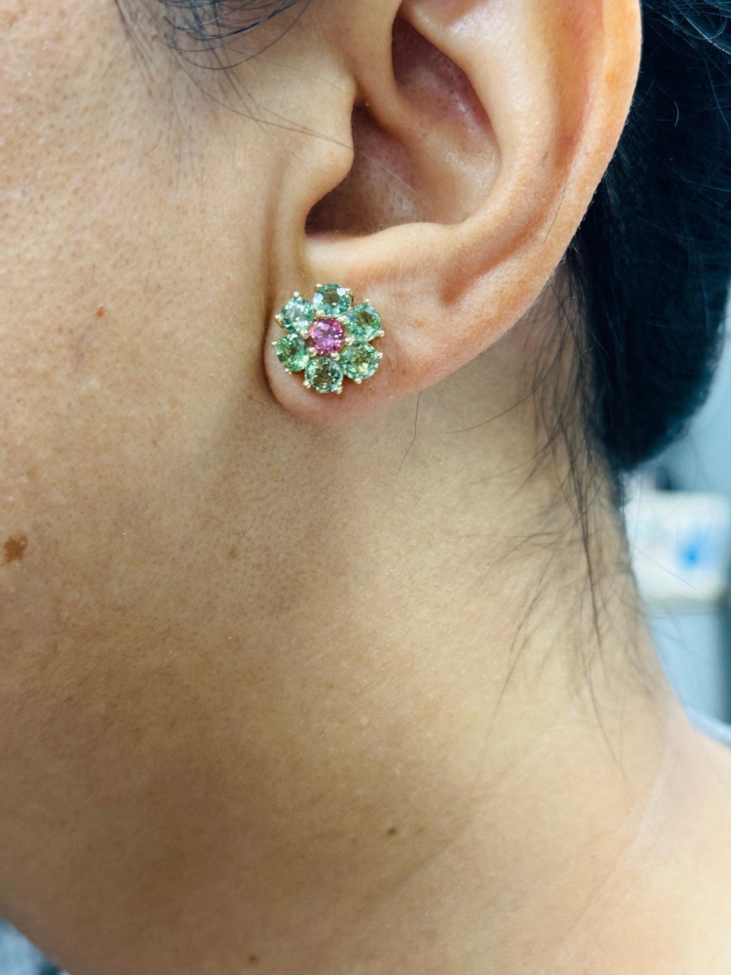 5.50 Carat Natural Sapphire Tourmaline Yellow Gold Stud Earrings