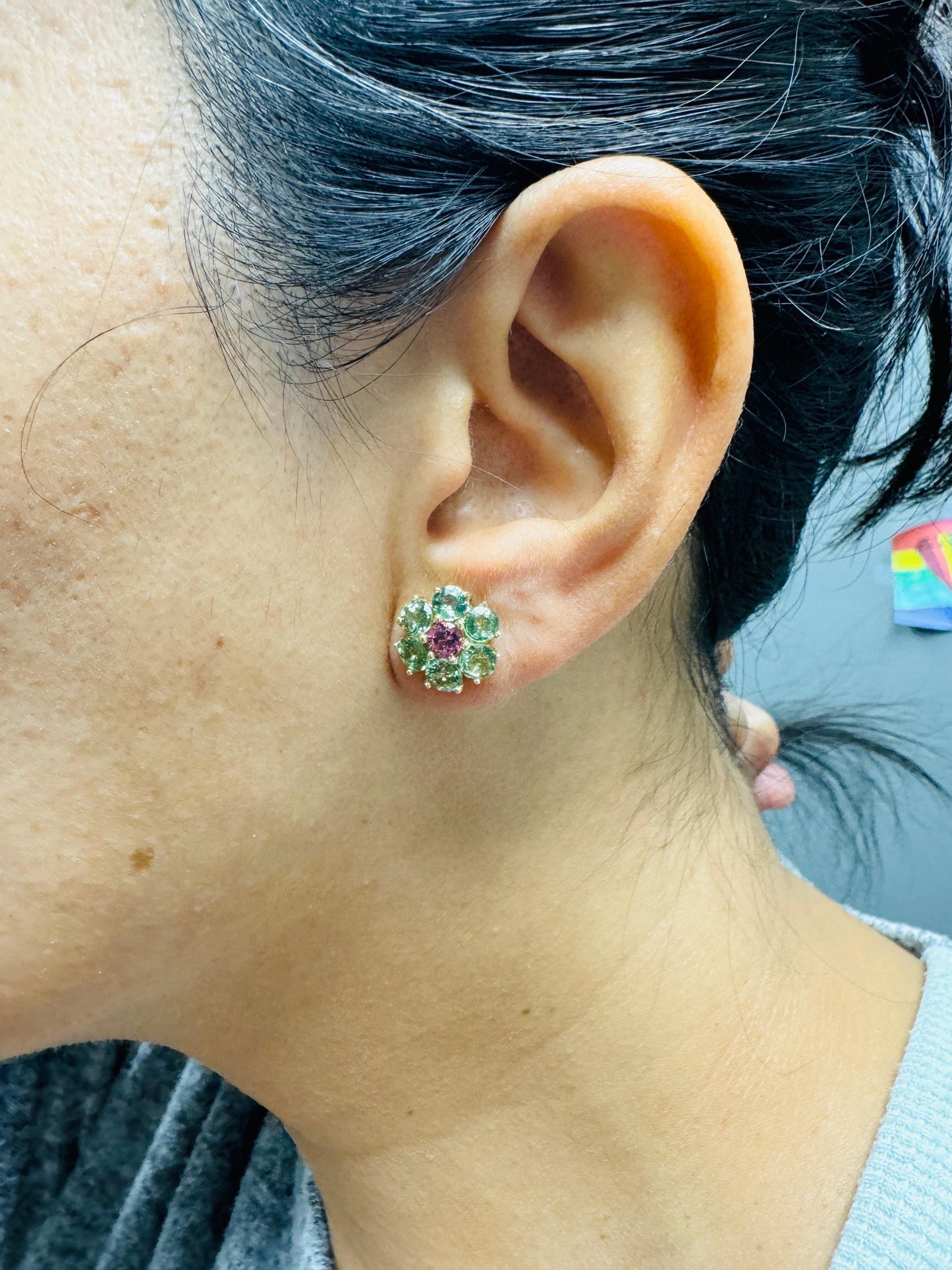 5.50 Carat Natural Sapphire Tourmaline Yellow Gold Stud Earrings