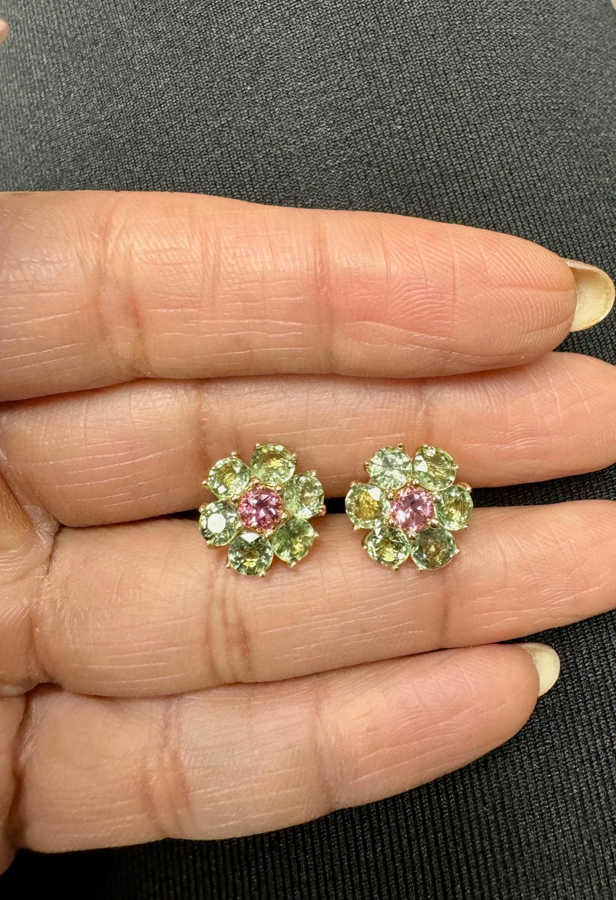 5.50 Carat Natural Sapphire Tourmaline Yellow Gold Stud Earrings