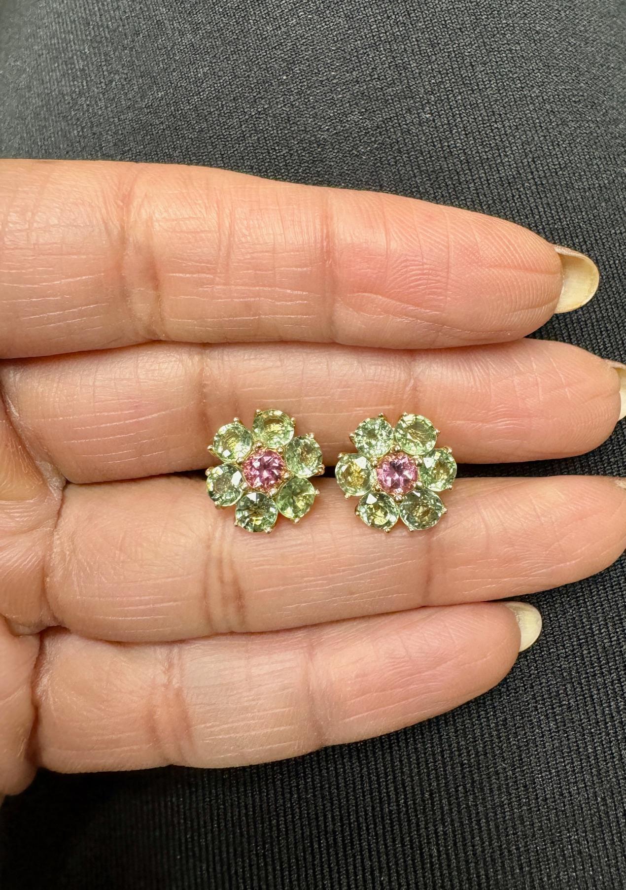 5.50 Carat Natural Sapphire Tourmaline Yellow Gold Stud Earrings