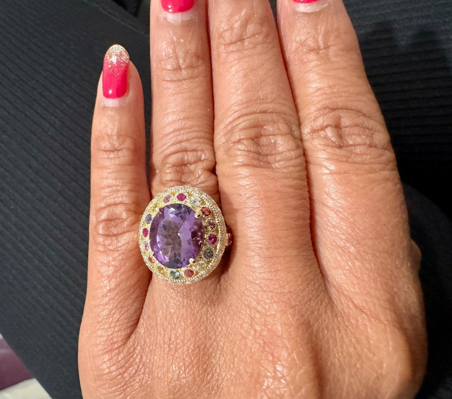 5.62 Carat Natural Amethyst Diamond Sapphire Yellow Gold Cocktail Ring