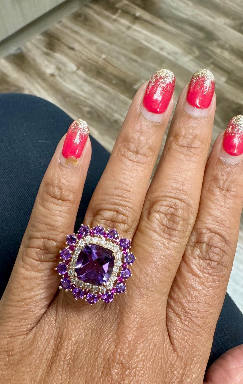5.67 Carat Cushion Cut Amethyst Pink Sapphire Diamond Rose Gold Cocktail Ring