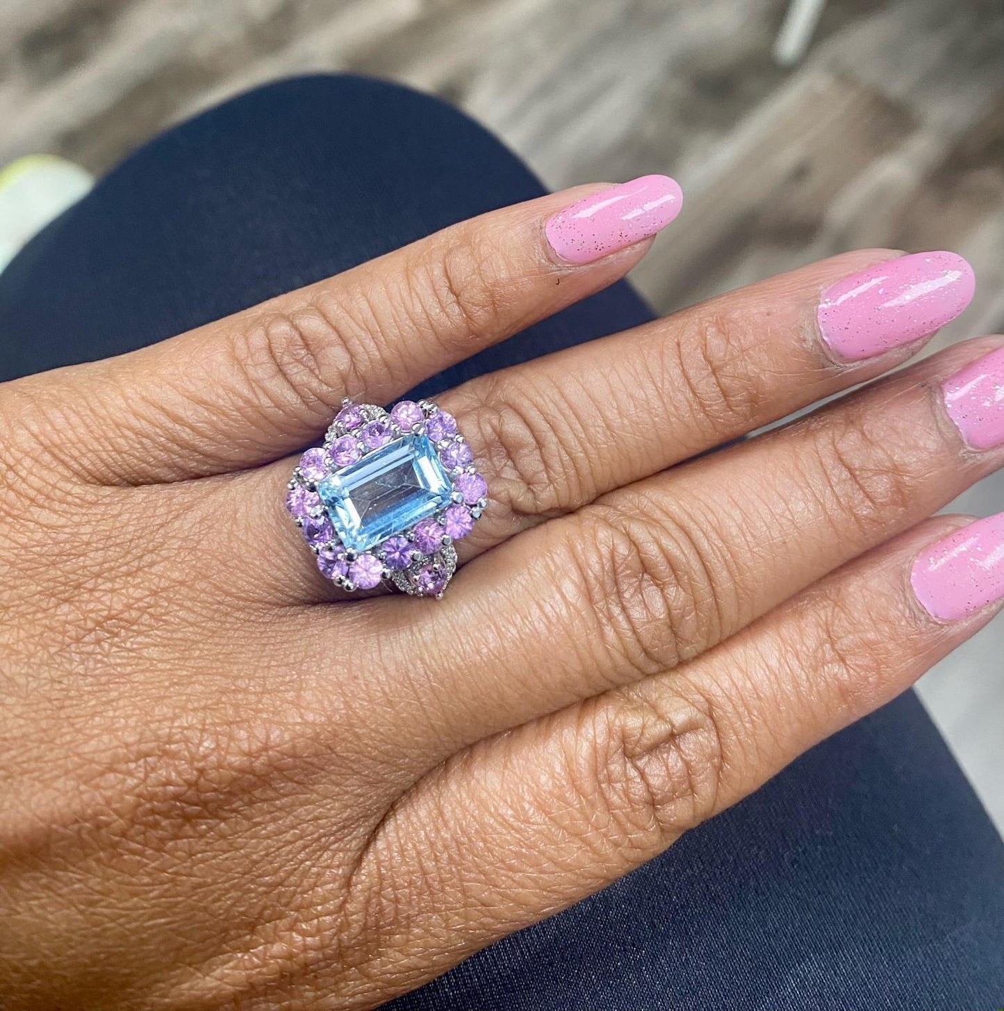 5.82 Carat Aquamarine Pink Sapphire Diamond White Gold Cocktail Ring