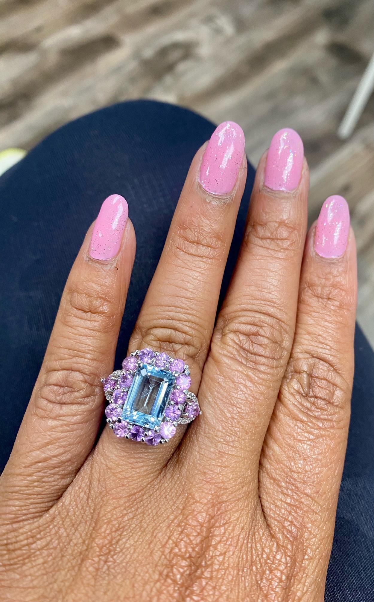 5.82 Carat Aquamarine Pink Sapphire Diamond White Gold Cocktail Ring