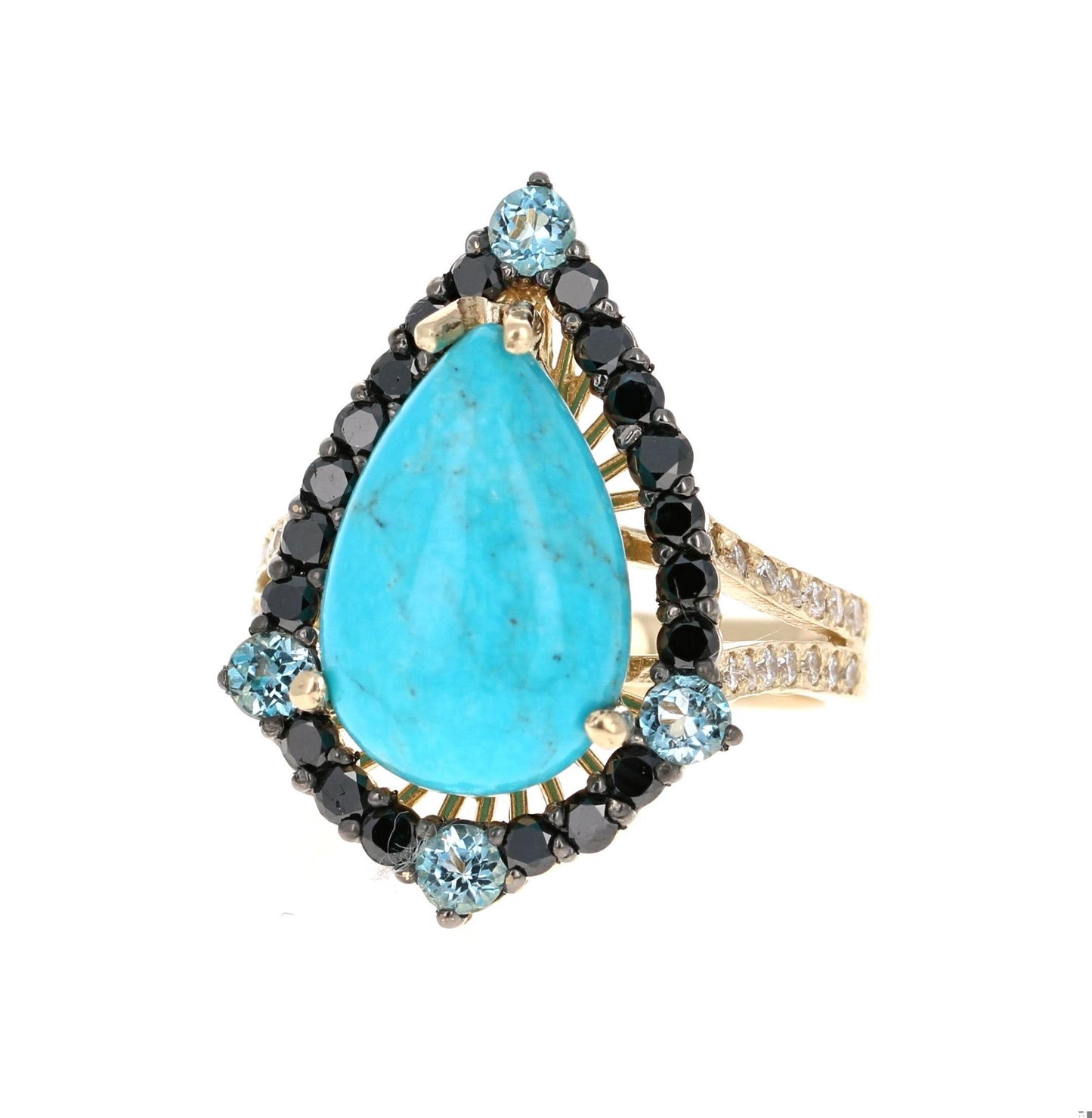5.82 Carat Pear Cut Turquoise Black Diamond 14K Gold Cocktail Ring