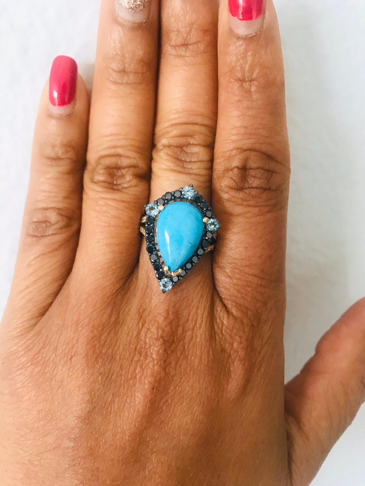 5.82 Carat Pear Cut Turquoise Black Diamond 14K Gold Cocktail Ring