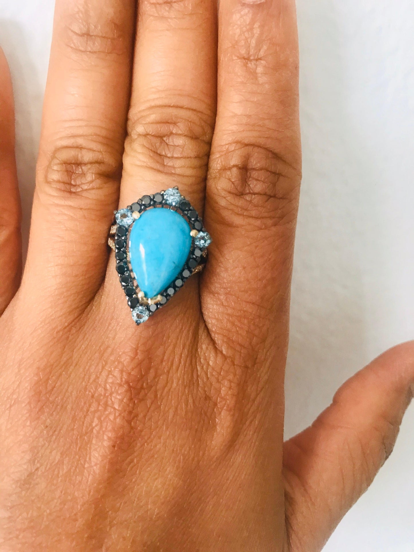 5.82 Carat Pear Cut Turquoise Black Diamond 14K Gold Cocktail Ring