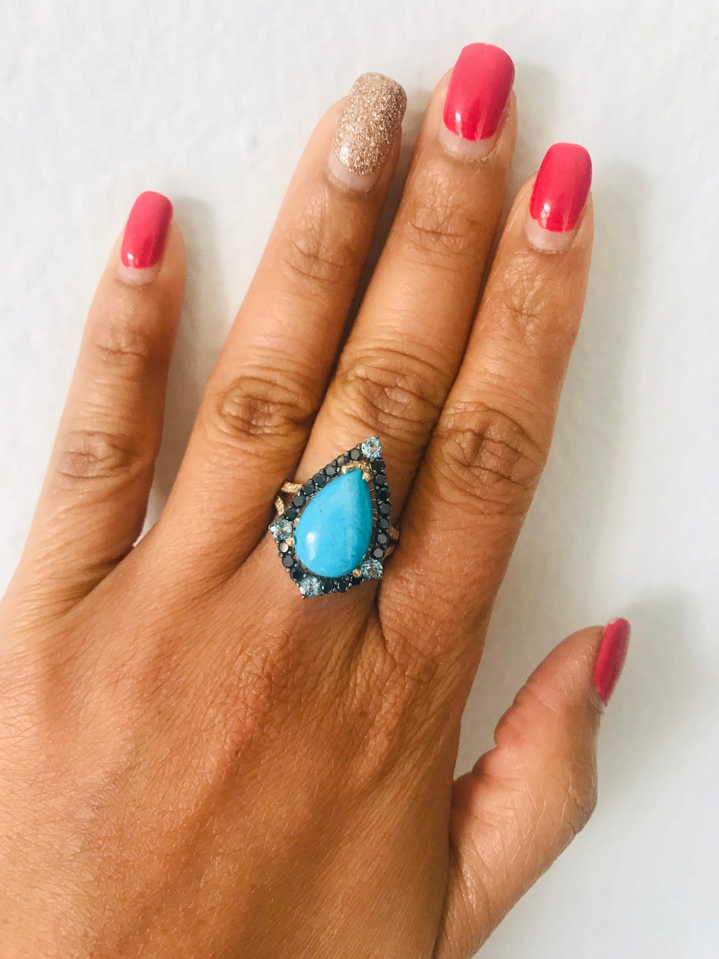 5.82 Carat Pear Cut Turquoise Black Diamond 14K Gold Cocktail Ring