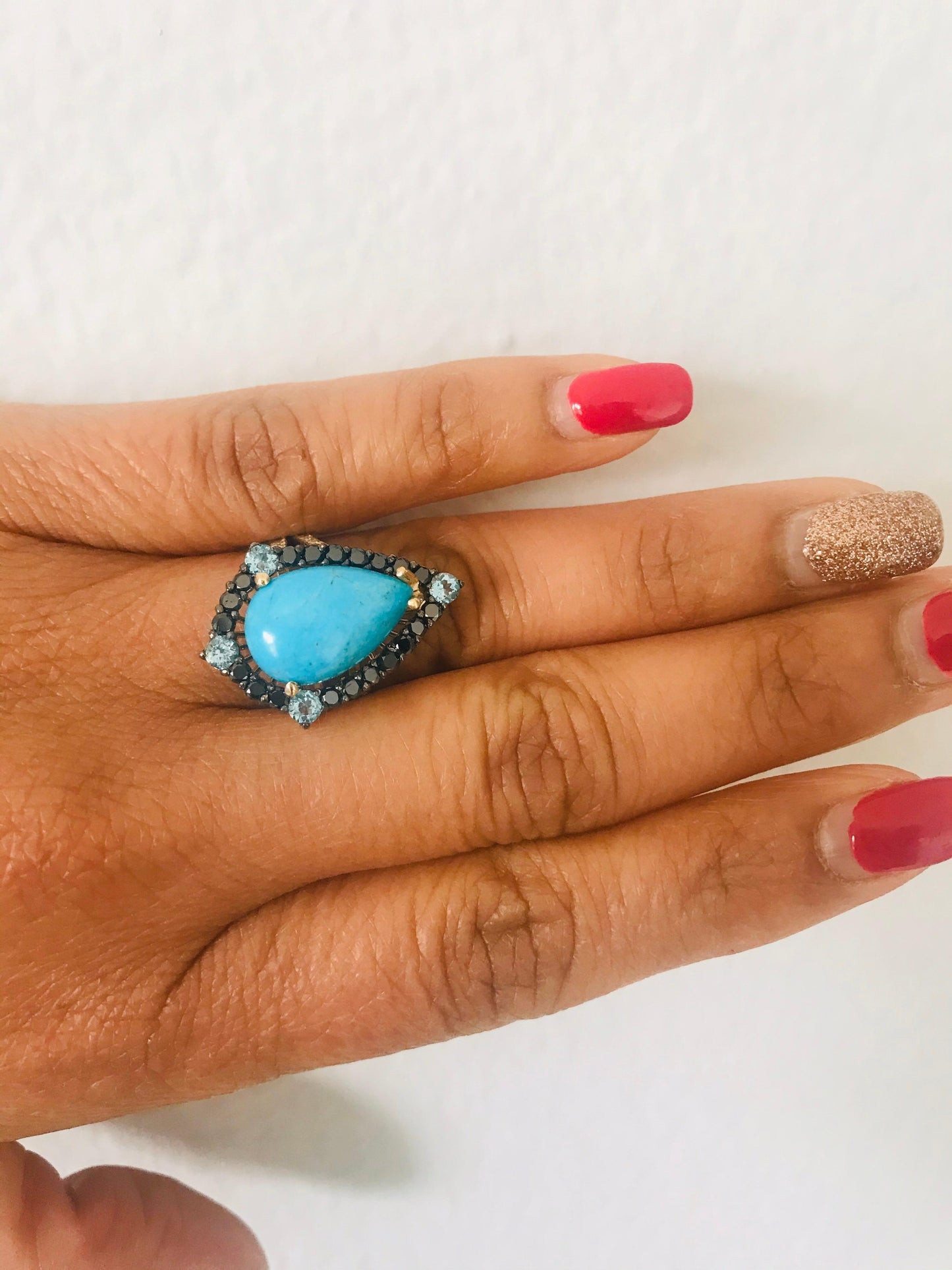 5.82 Carat Pear Cut Turquoise Black Diamond 14K Gold Cocktail Ring
