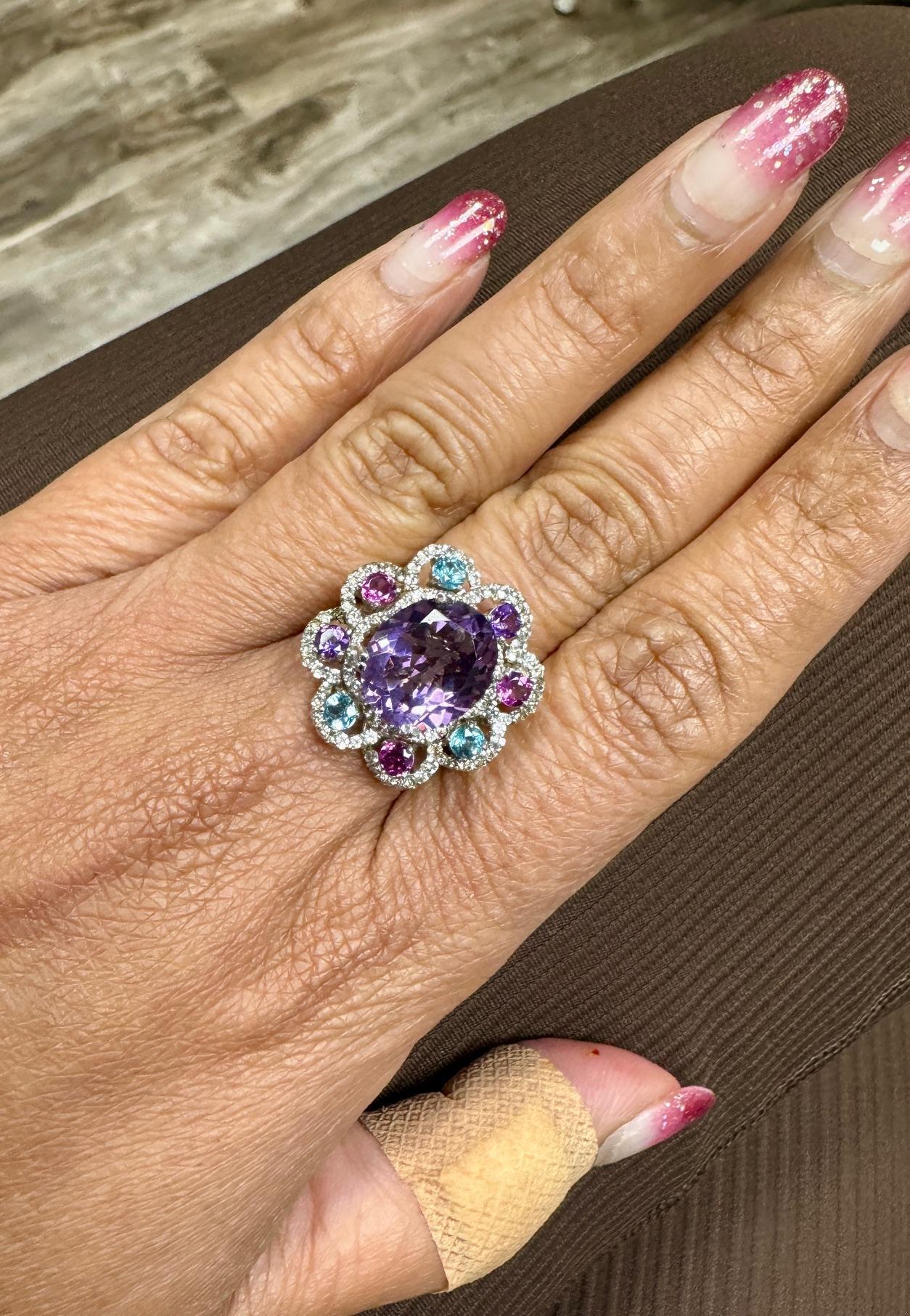 5.87 Carat Amethyst Sapphire Topaz White Gold Cocktail Ring