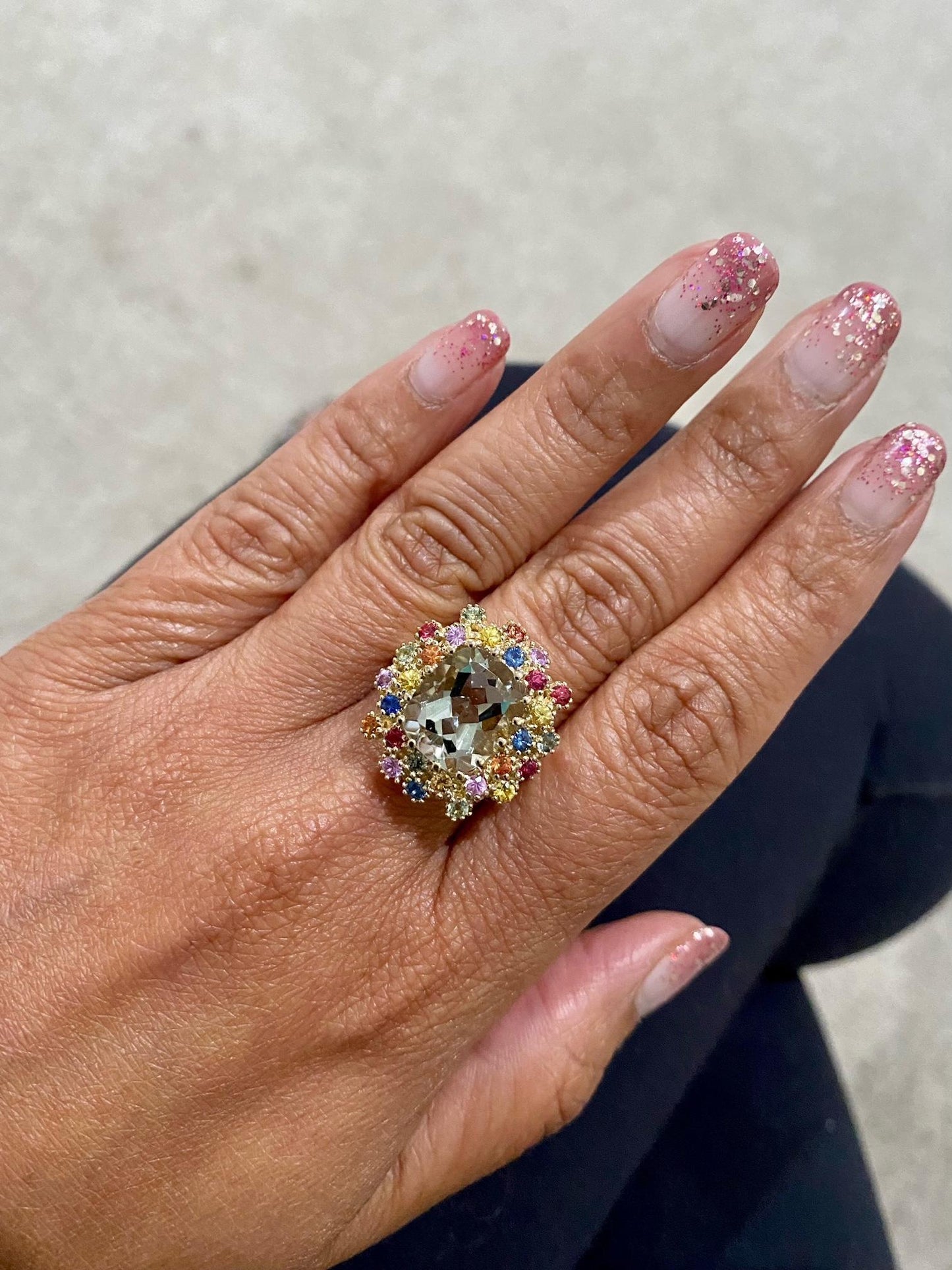 5.98 Carat Amethyst Multicolor Sapphires Yellow Gold Cluster Ring