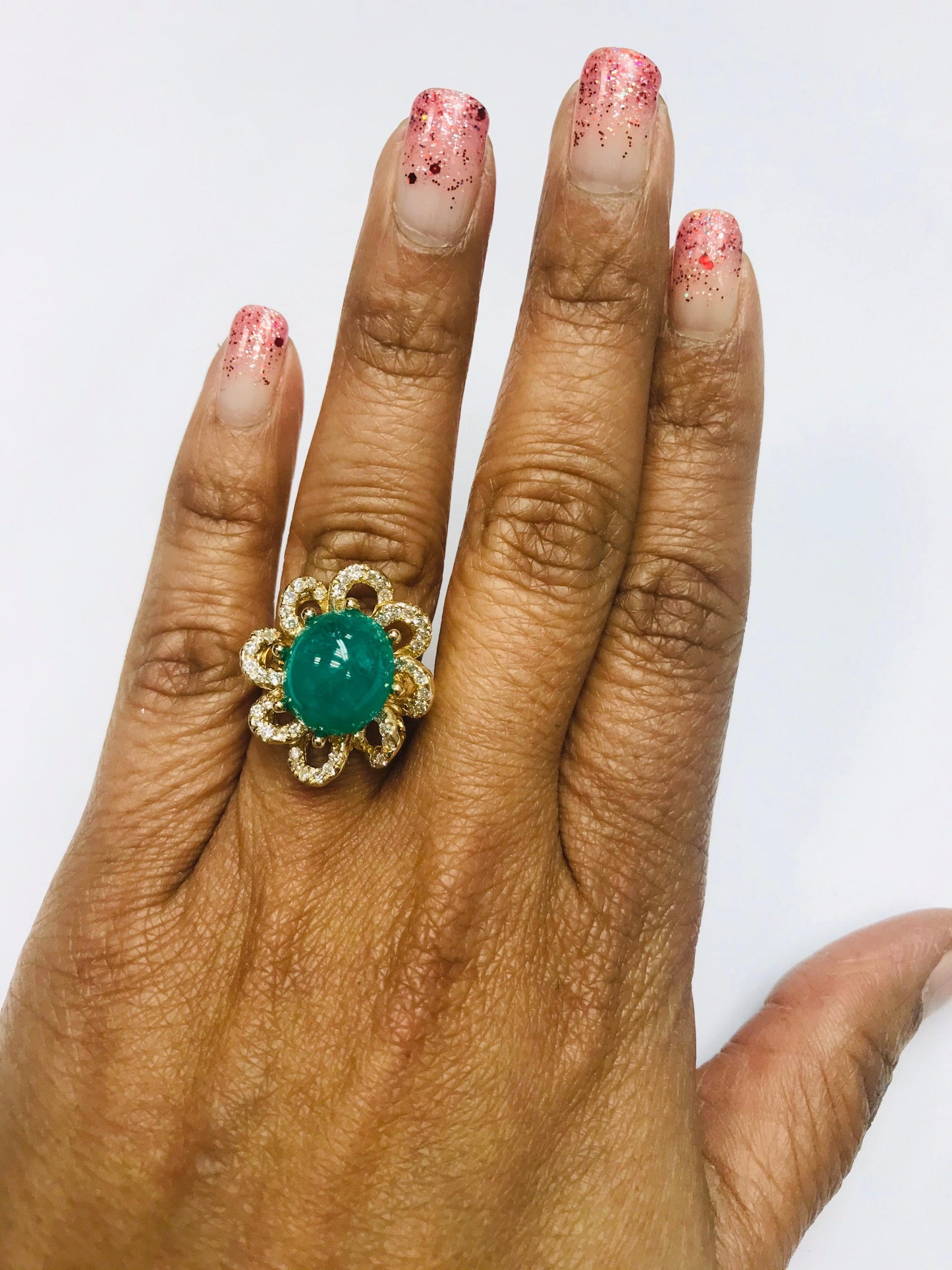 6.24 Carat Cabochon Emerald Diamond Yellow Gold Cocktail Ring