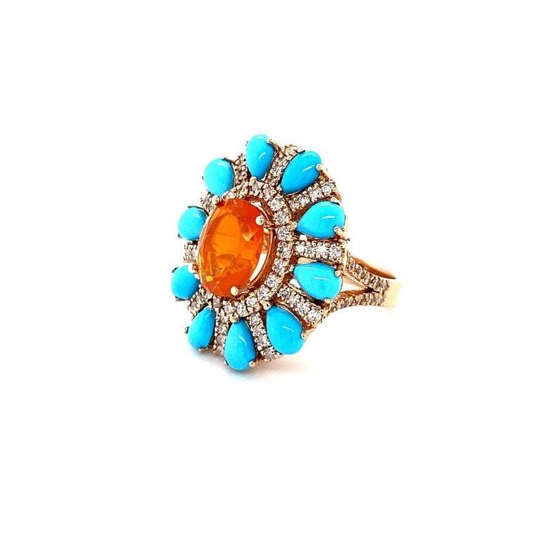 6.72 Carat Fire Opal, Turquoise, Diamond 14 Karat Rose Gold Cocktail Ring