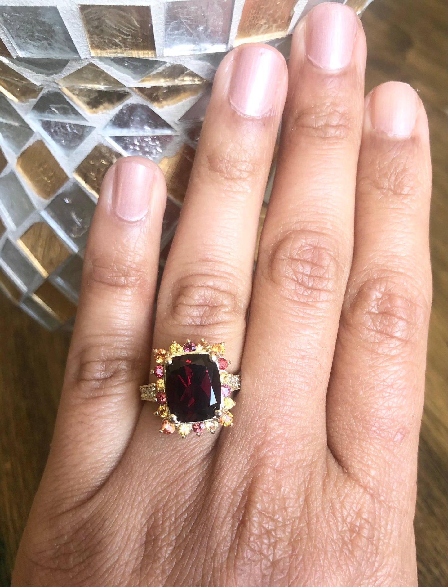 6.97 Carat Garnet Sapphire Diamond Yellow Gold Cocktail Ring