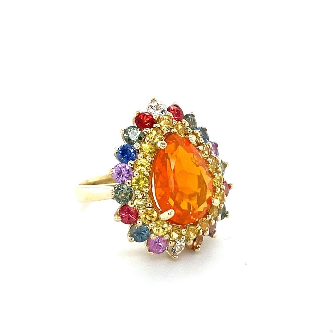 7.11 Carat Pear Cut Natural Fire Opal Sapphire Yellow Gold Cocktail Ring