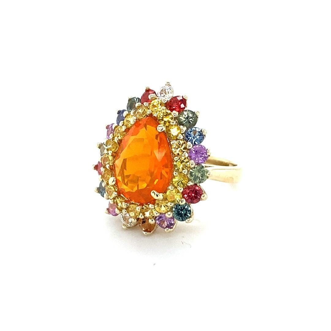 7.11 Carat Pear Cut Natural Fire Opal Sapphire Yellow Gold Cocktail Ring