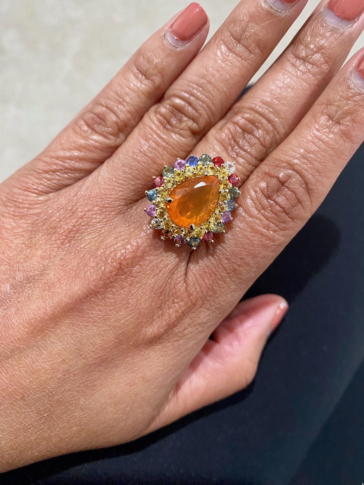 7.11 Carat Pear Cut Natural Fire Opal Sapphire Yellow Gold Cocktail Ring