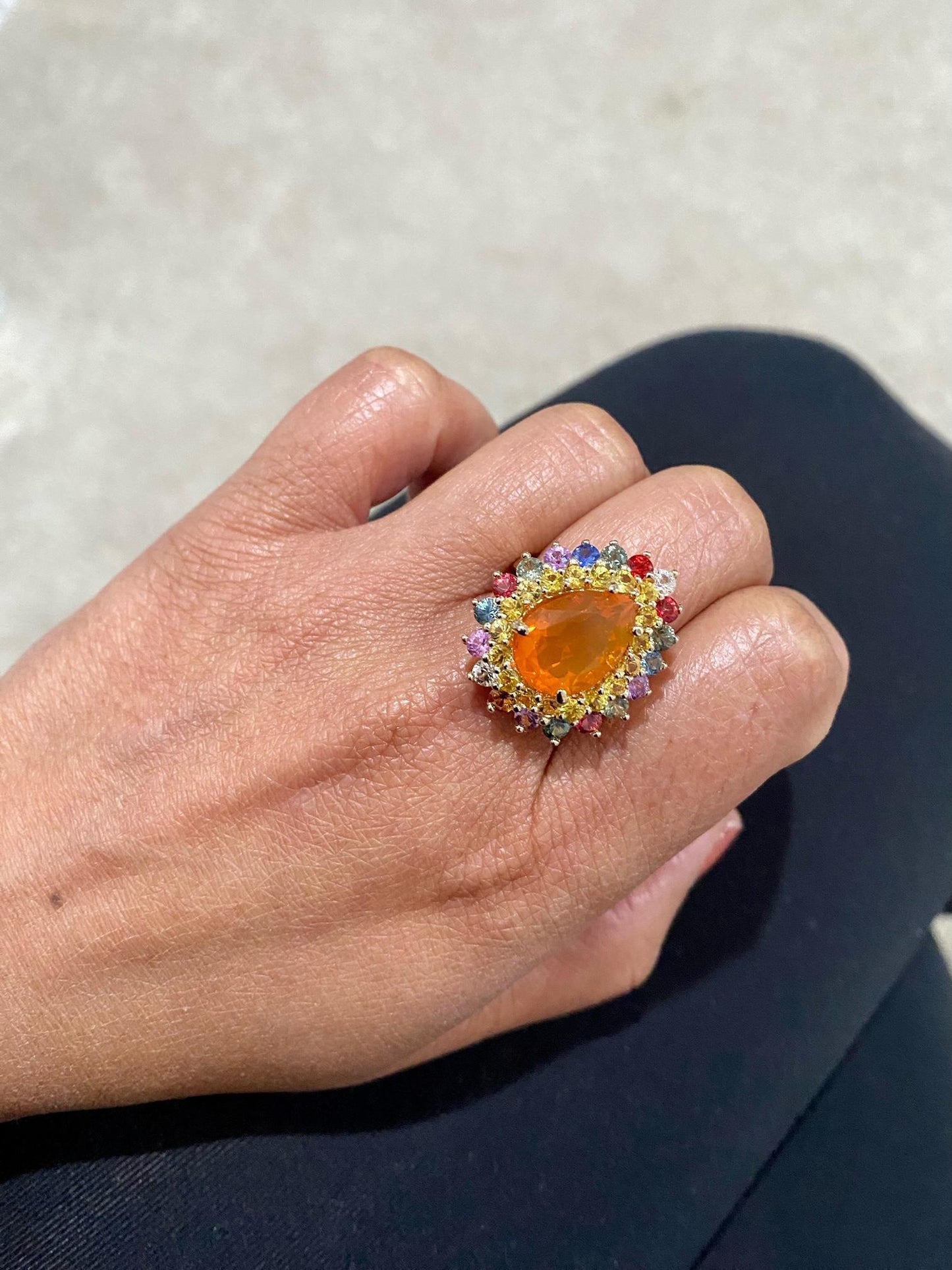 7.11 Carat Pear Cut Natural Fire Opal Sapphire Yellow Gold Cocktail Ring