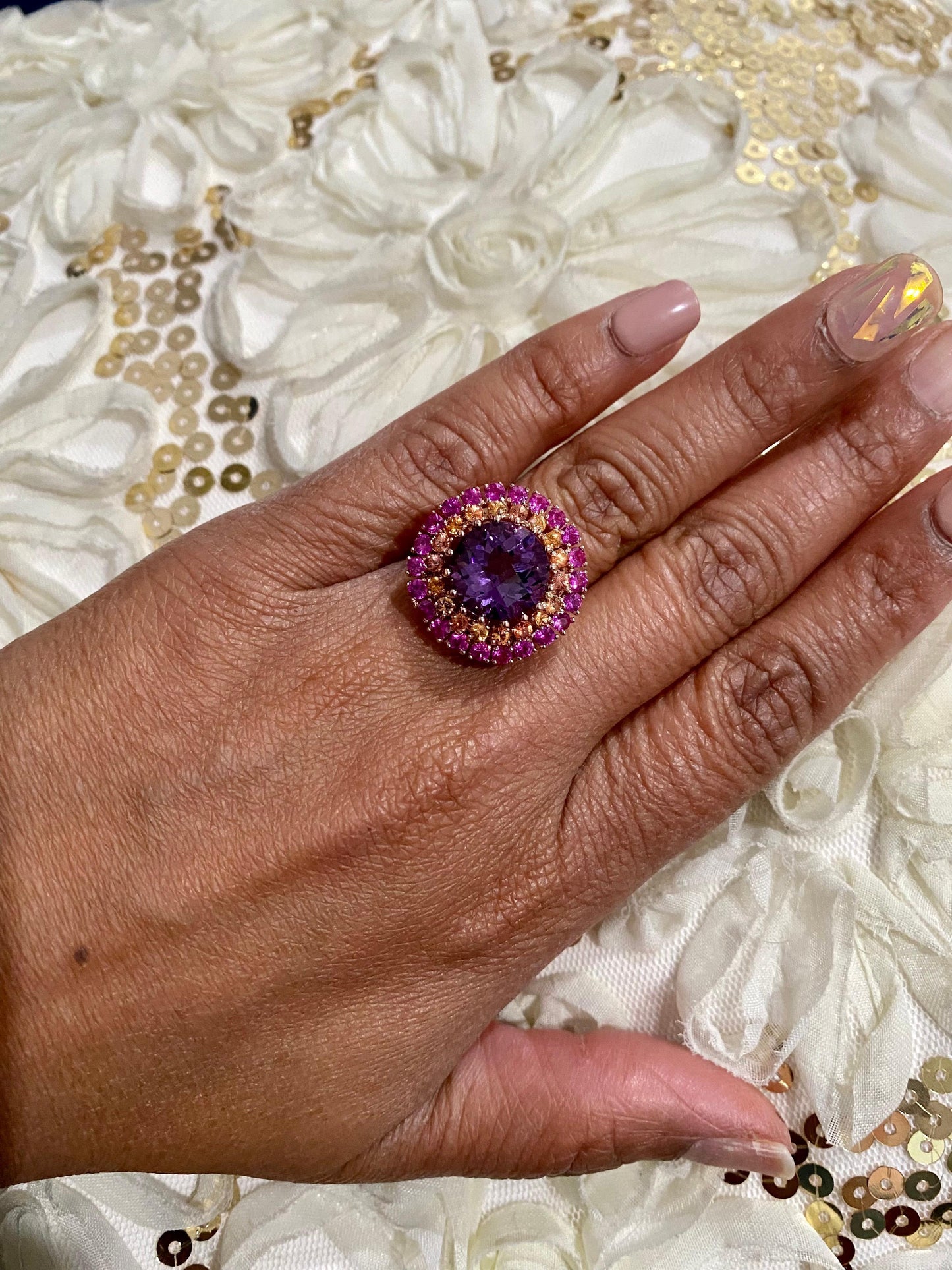 7.44 Carat Amethyst Sapphire 14K Rose Gold Cluster Ring