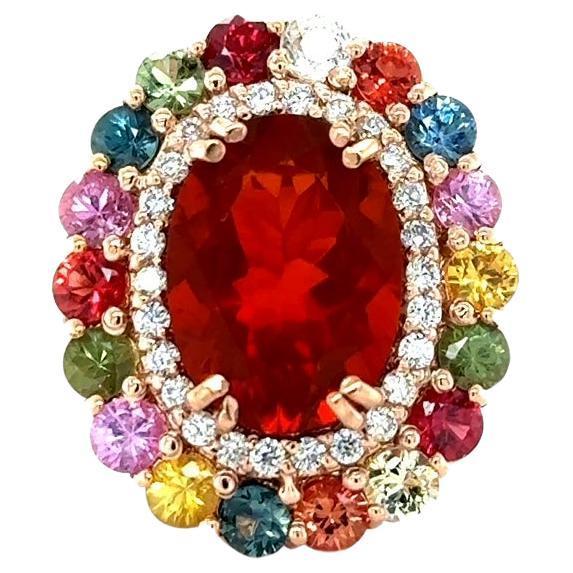 7.67 Carat Natural Fire Opal Sapphire and Diamond Rose Gold Cocktail Ring