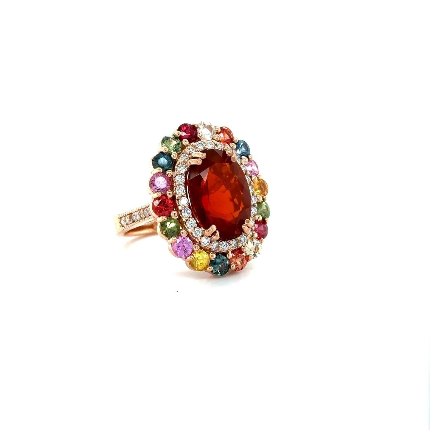 7.67 Carat Natural Fire Opal Sapphire and Diamond Rose Gold Cocktail Ring