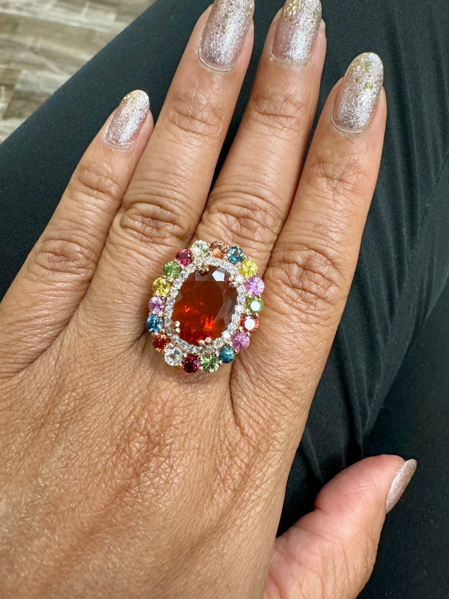 7.67 Carat Natural Fire Opal Sapphire and Diamond Rose Gold Cocktail Ring