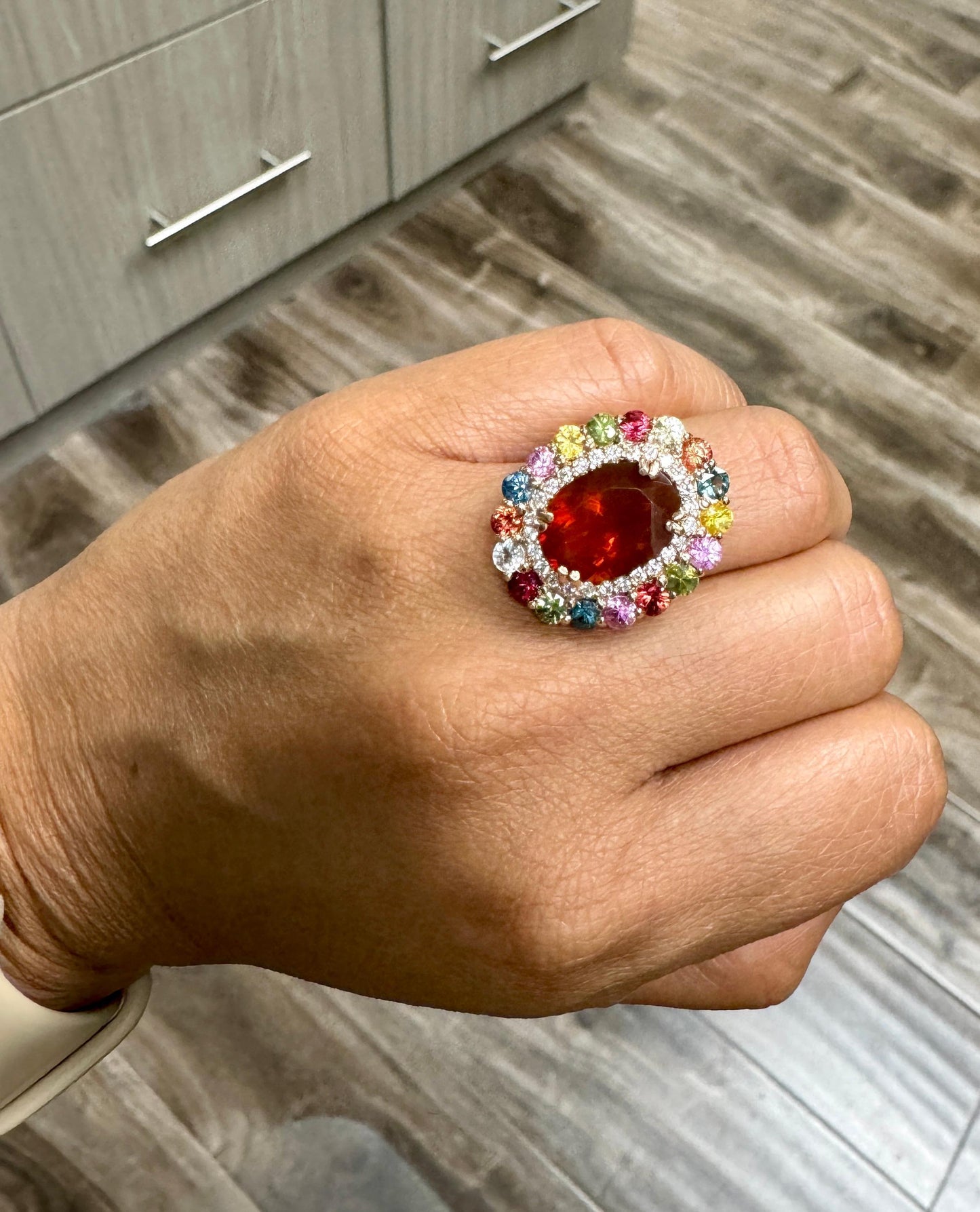 7.67 Carat Natural Fire Opal Sapphire and Diamond Rose Gold Cocktail Ring