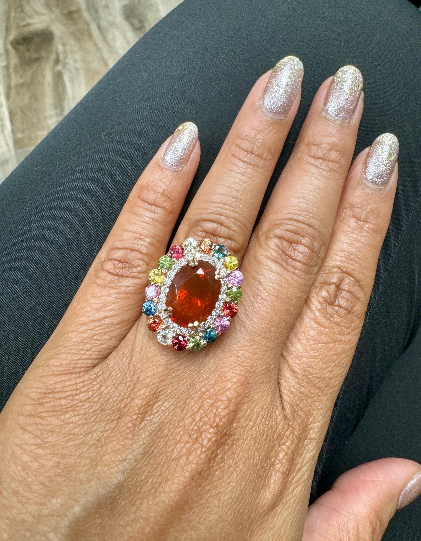 7.67 Carat Natural Fire Opal Sapphire and Diamond Rose Gold Cocktail Ring