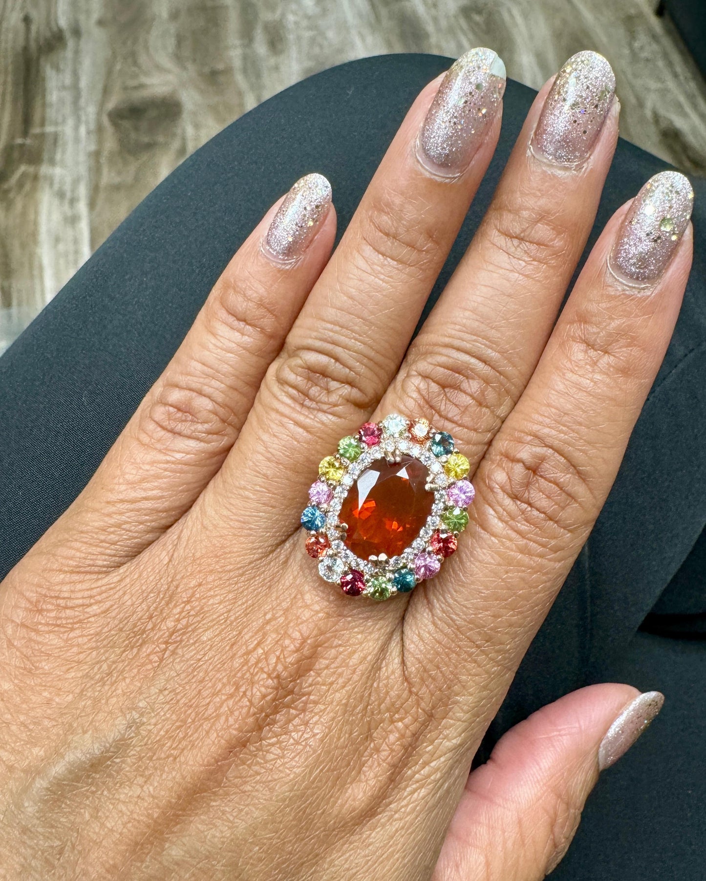 7.67 Carat Natural Fire Opal Sapphire and Diamond Rose Gold Cocktail Ring