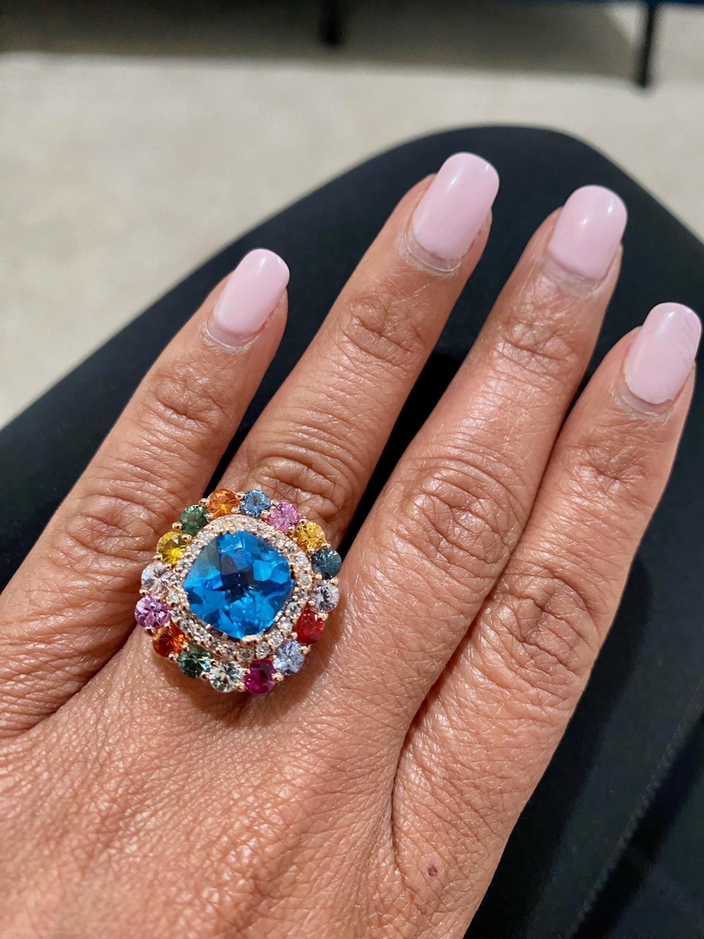 7.74 Carat Cushion Cut Blue Topaz Sapphire Diamond Rose Gold Cocktail Ring