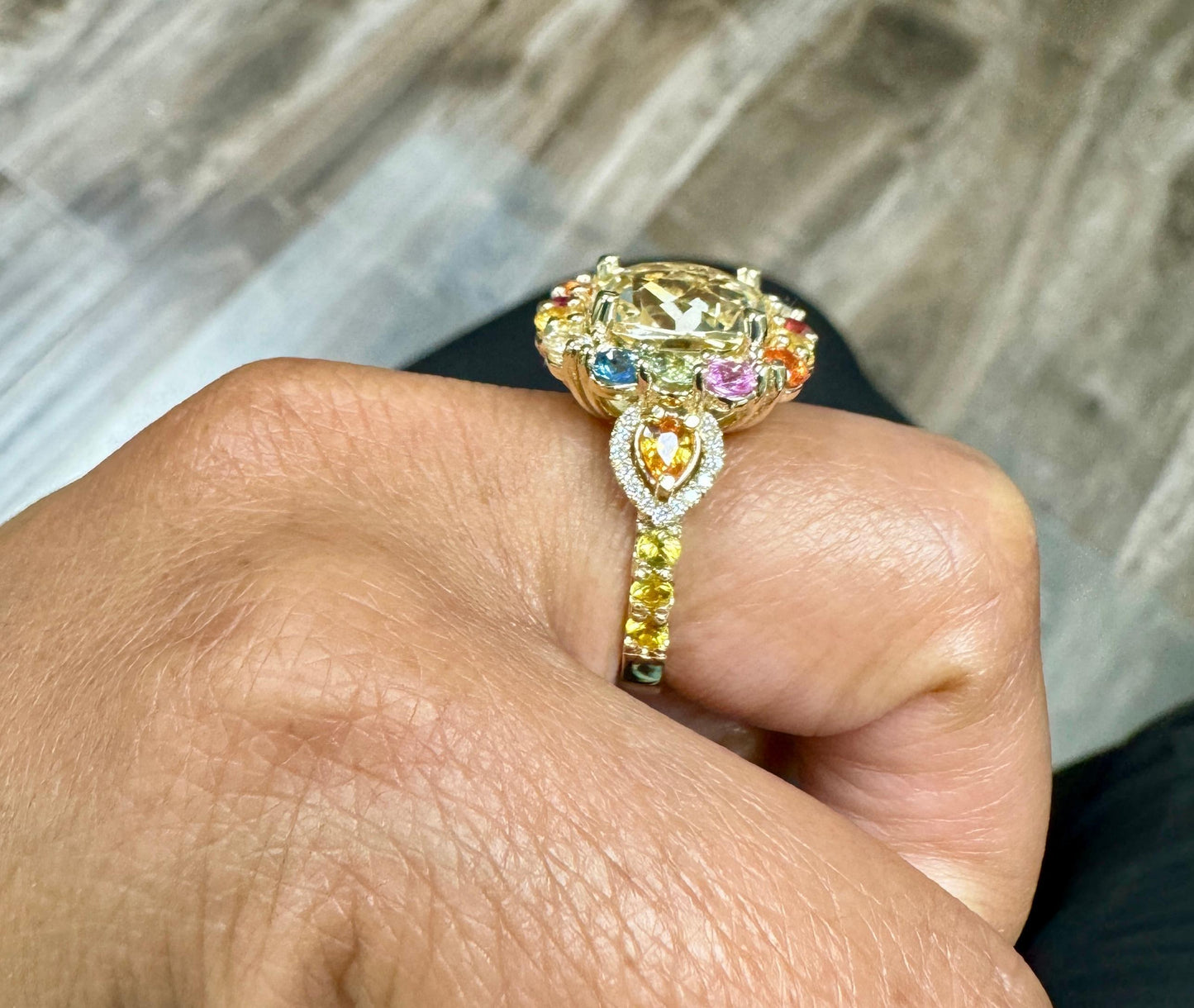 7.90 Carat Citrine Multicolor Sapphire Diamond Yellow Gold Cocktail Ring