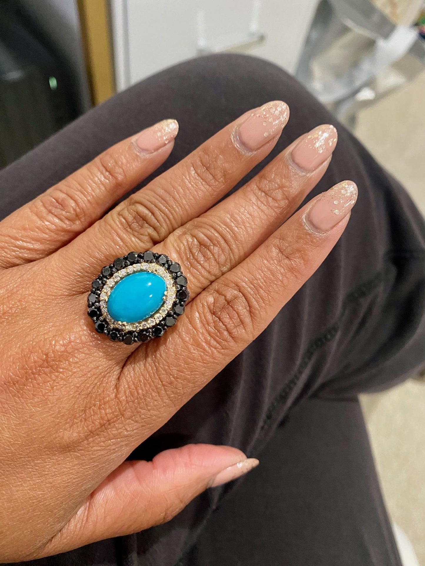 8.04 Carat Turquoise Black Diamond Yellow Gold Cocktail Ring