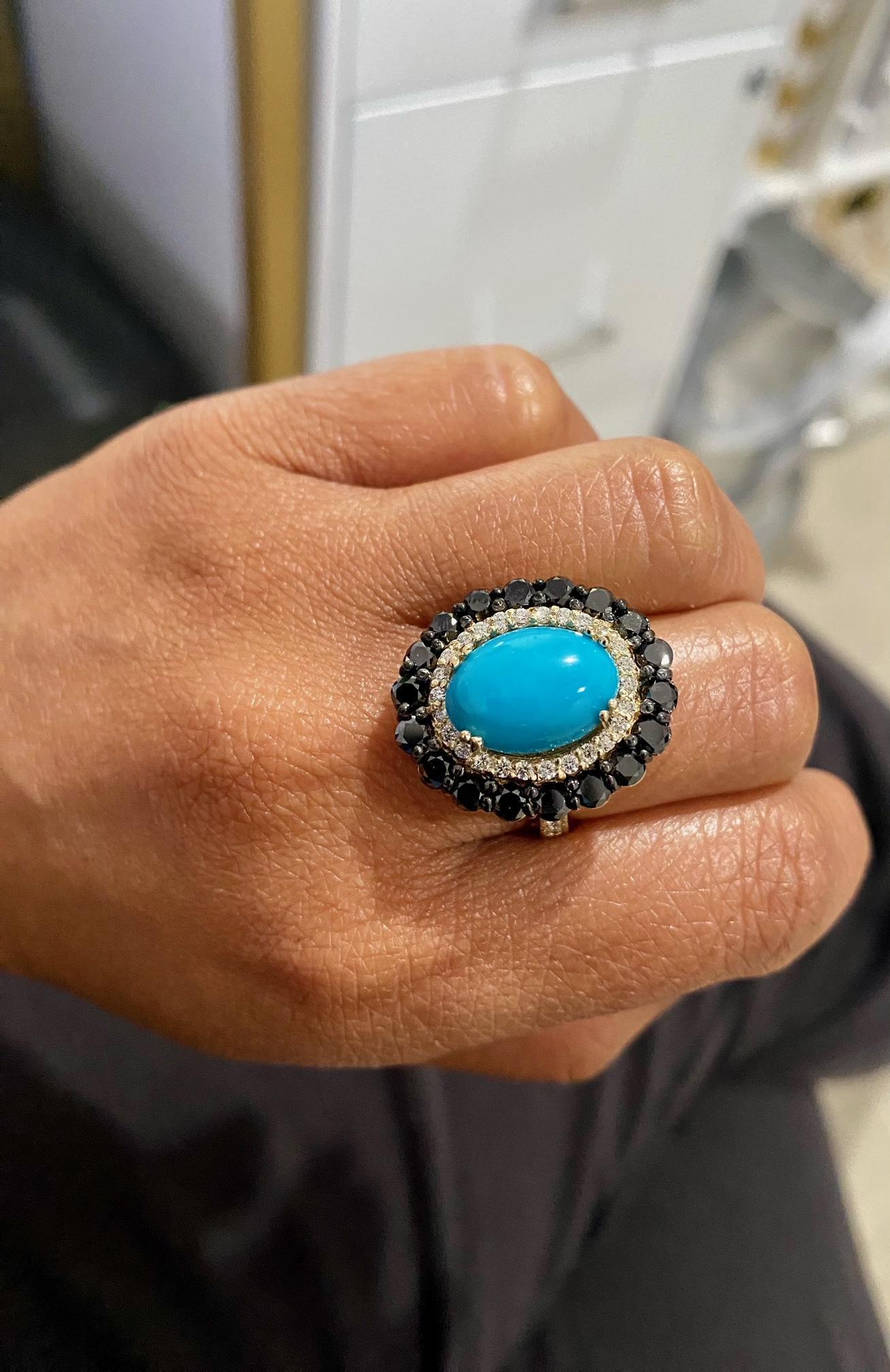 8.04 Carat Turquoise Black Diamond Yellow Gold Cocktail Ring