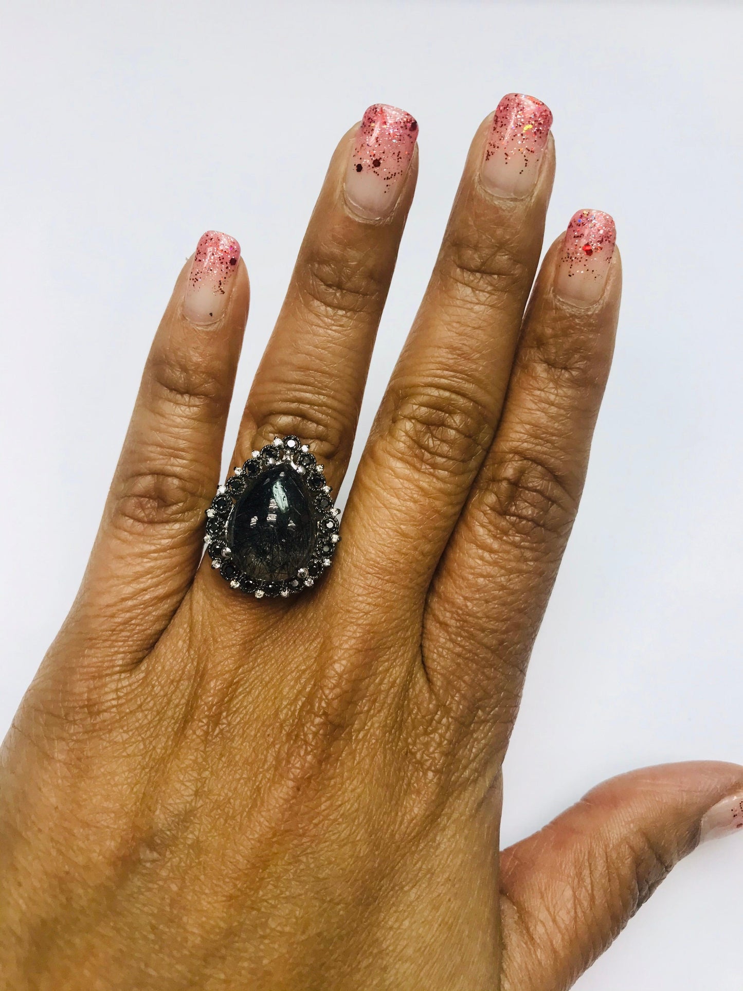 8.72 Carat Black Diamond Quartz and Diamond White Gold Cocktail Ring