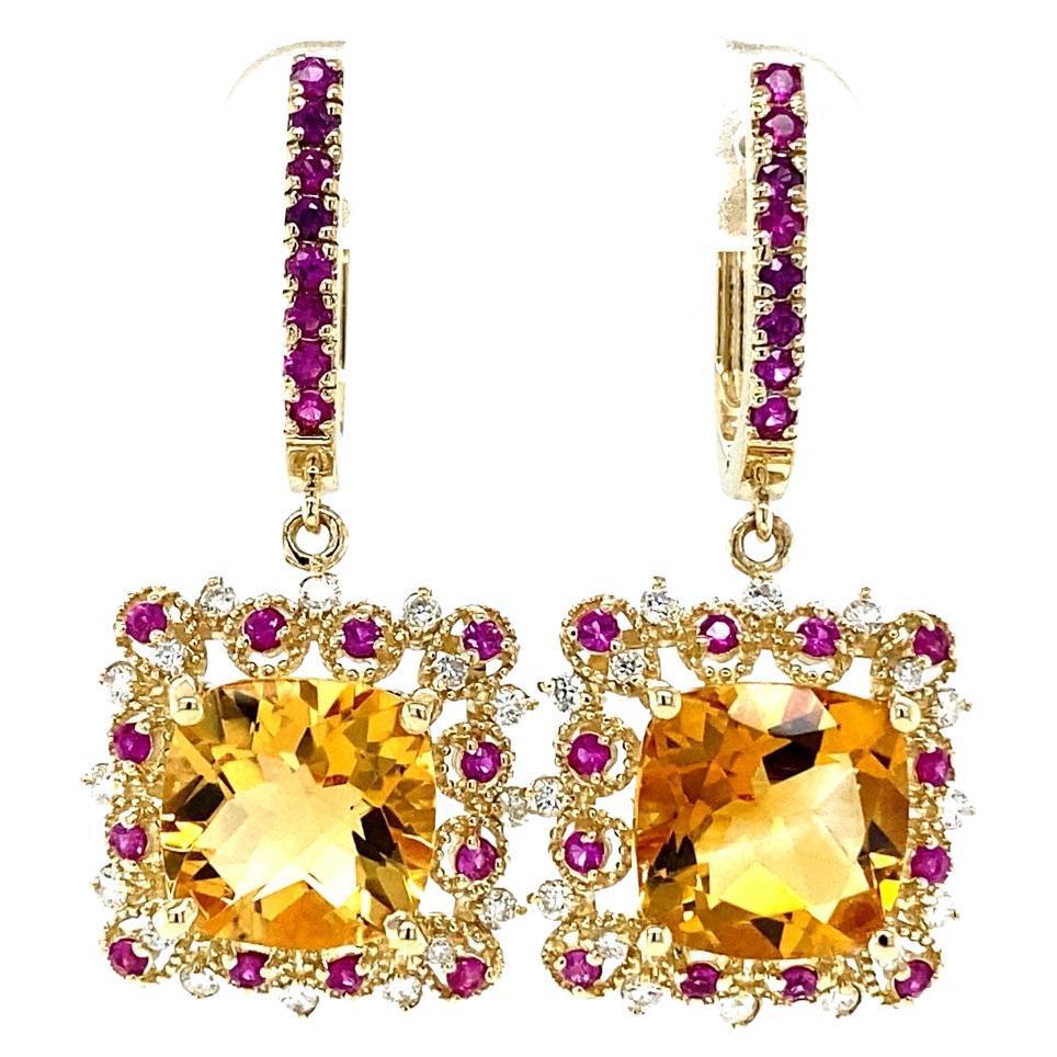 9.19 Carat Citrine Pink Sapphire Diamond Yellow Gold Drop Earrings