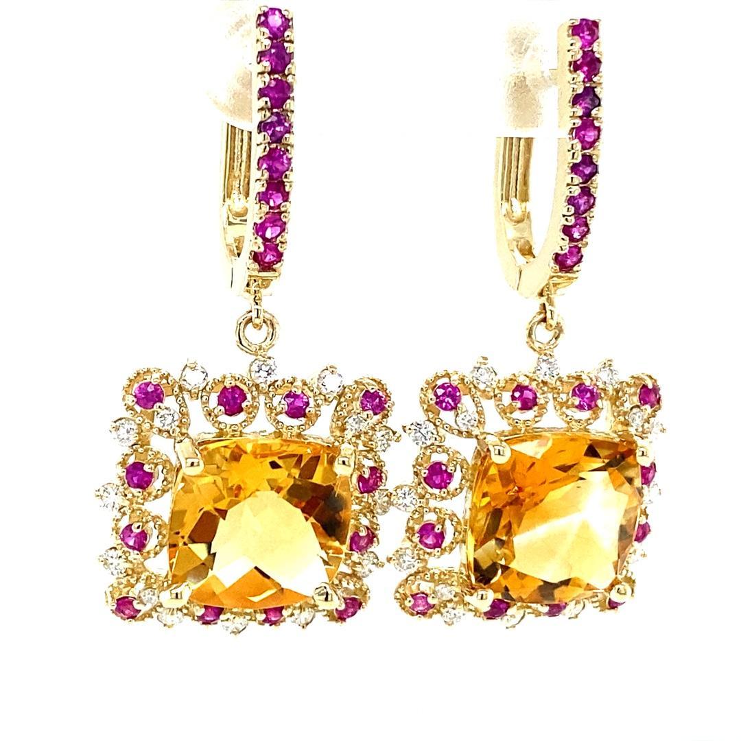 9.19 Carat Citrine Pink Sapphire Diamond Yellow Gold Drop Earrings
