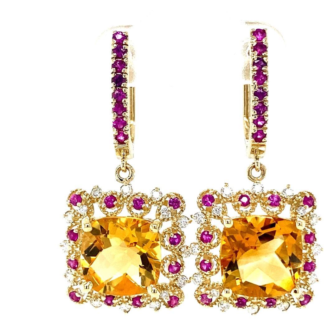 9.19 Carat Citrine Pink Sapphire Diamond Yellow Gold Drop Earrings