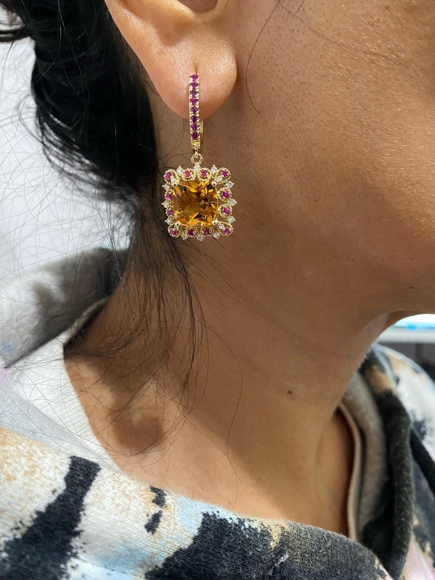 9.19 Carat Citrine Pink Sapphire Diamond Yellow Gold Drop Earrings